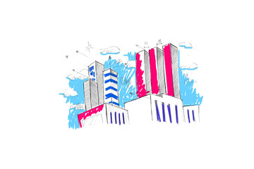 Digital png illustration of drawing of skyscrapers on transparent background