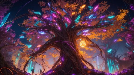 Enchanting mystical forest at night. Glowing neon lights and silhouette trees create fairy-tale ambiance with fog. Generative AI - obrazy, fototapety, plakaty