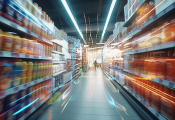 Blurry shopping shelves in supermarkets and department stores realistic image, ultra hd, high design very detailed - obrazy, fototapety, plakaty
