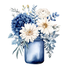 Winter Watercolor Clip Art, Watercolor Flowers Illustration, Winter Sublimation Design, Blue White Flowers Clip Art