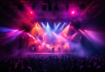 Fototapeta na wymiar Concert Stage Scenery With Spotlights and Colored Lights, realistic image