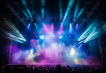 Fototapeta na wymiar Concert Stage Scenery With Spotlights and Colored Lights, realistic image