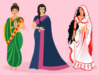 Vector Set of different Indian women wearing traditional clothes.
