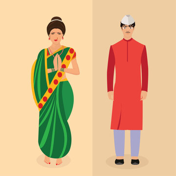 Premium Vector | Couple wearing indian marathi traditional outfit nauvari  saree dhoti kurta