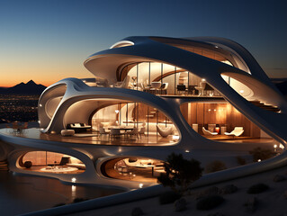 A house with a futuristic design in the desert area at dusk. Curved wall design without sides, open concept and has a beautiful interior.