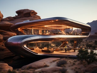 A house with a futuristic design in the desert area at dusk. Curved wall design without sides, open concept and has a beautiful interior.