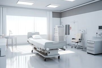 The interior of a large, light and white single hospital ward in a modern military hospital. The chamber is illuminated by sunlight from large windows.