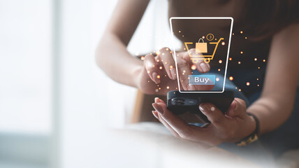 Woman using mobile smart phone for online shopping and digital banking via mobile app. Customer buying objects from online shop, modern people lifestyle, e-commerce concept