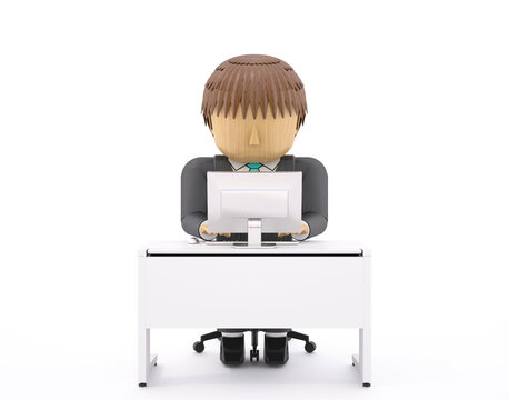 木製人形風3DCGイラスト　デスクで仕事するスーツの男性
