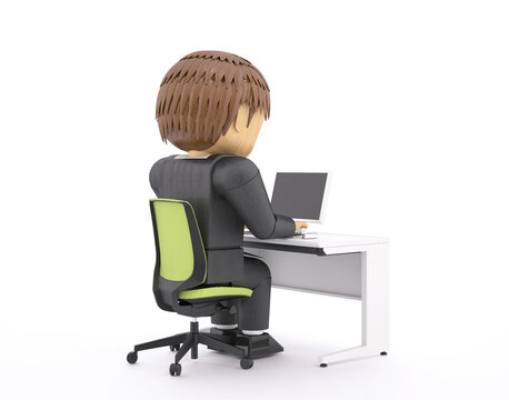 木製人形風3DCGイラスト　デスクで仕事するスーツの男性