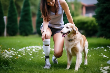 Disabled woman with leg prostheses playing with her dog on a green lawn