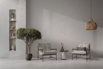 Contemporary interior design of the living room with gray empty walls and concrete floor. Beautiful decoration. Mock up, 3d rendering 