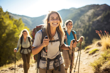 Smiling woman hiker with backpack looking at camera with group of friends hikers rises to the top of the hill - obrazy, fototapety, plakaty