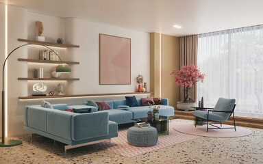 Colorful and vibrant interior designs of living room adorned with cozy furnitrue and beautiful decor, 3d rendering
