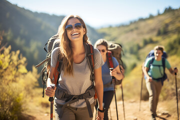 Smiling woman hiker with backpack looking at camera with group of friends hikers rises to the top of the hill