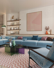 Colorful and vibrant interior designs of living room adorned with cozy furnitrue and beautiful decor, 3d rendering

