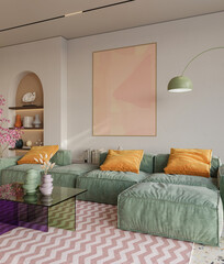 Colorful and vibrant interior designs of living room adorned with cozy furnitrue and beautiful decor, 3d rendering
