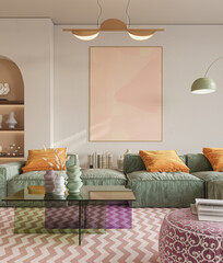 Colorful and vibrant interior designs of living room adorned with cozy furnitrue and beautiful decor, 3d rendering
