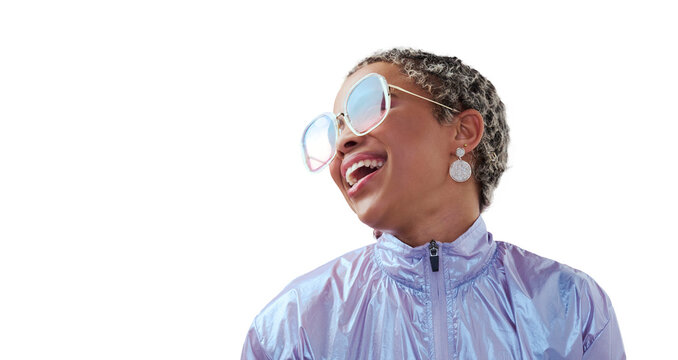 Fashion fun, sunglasses or laughing woman in neon color clothes isolated on transparent png background. Model smile, face or funny African gen z girl in retro style, vintage or bold summer eyeglasses - Powered by Adobe