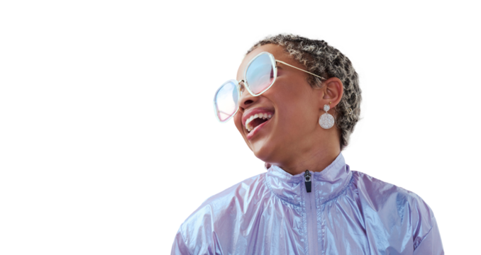 Fashion fun, sunglasses or laughing woman in neon color clothes isolated on transparent png background. Model smile, face or funny African gen z girl in retro style, vintage or bold summer eyeglasses