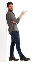 Leaning on board, man pointing and portrait with marketing, announcement and hipster by a wall....