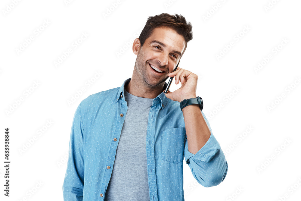Aufkleber Conversation, phone call and man with a smile, network and model isolated on a transparent background. Mobile, smartphone and guy with happiness, communication and contact with png and connection