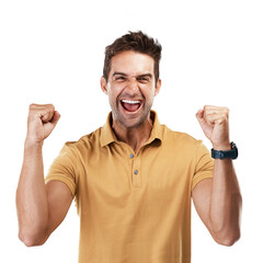 Excited, yes portrait and man with celebration and fist for motivation and success from bonus. Male...
