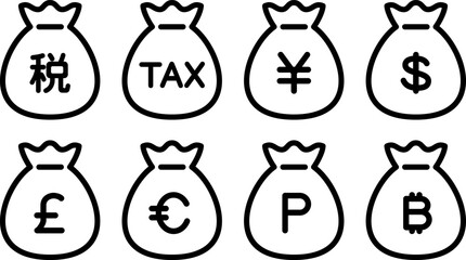 お金の袋のアイコン（税金・円・ドル・ユーロ・ポンド・ビットコイン・ポイント）, money bag icon (TAX, yen, dollar, euro, pound, bitcoin, point) - obrazy, fototapety, plakaty