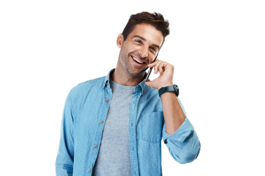 Conversation, phone call and man with a smile, network and model isolated on a transparent background. Mobile, smartphone and guy with happiness, communication and contact with png and connection