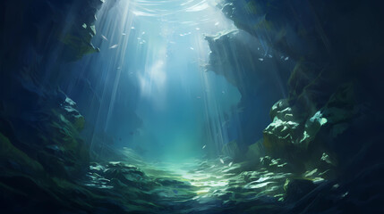 An exploration of underwater caves with beams of sunlight piercing through