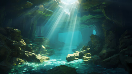 An exploration of underwater caves with beams of sunlight piercing through