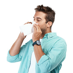 Sinus allergy, blowing nose or man sick by hay fever illness, flu disease or virus by sneezing with...