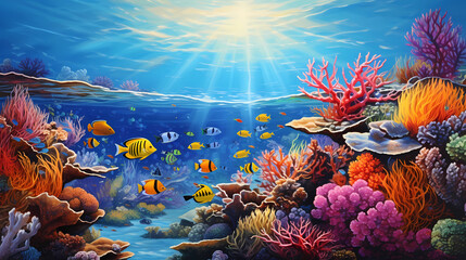 Obraz na płótnie Canvas An explosion of vibrant coral reefs teeming with exotic fish and marine creatures