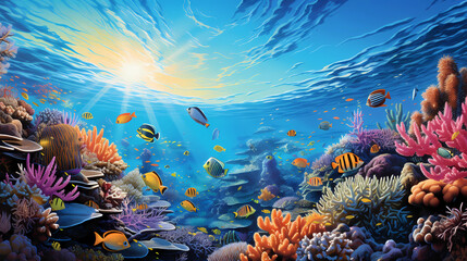 An explosion of vibrant coral reefs teeming with exotic fish and marine creatures