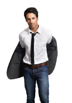 Undressing, jacket and portrait of business man in blazer, jeans and casual work style on transparent, isolated or png background. Real estate, intern or realtor with suit shirt, tie and fashion