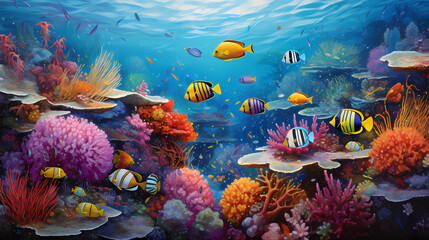 Obraz na płótnie Canvas An explosion of vibrant coral reefs teeming with exotic fish and marine creatures