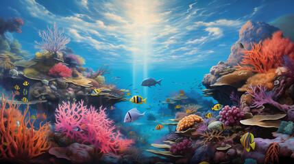 Naklejka na ściany i meble An explosion of vibrant coral reefs teeming with exotic fish and marine creatures