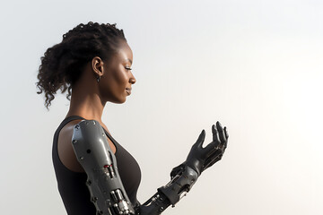 A disabled African American woman in a black t-shirt with a prosthesis instead of arms poses on a white background. Woman looking at prosthesis and smiling