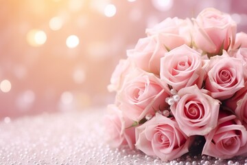 Pink roses bouquet and pearls on abstract blur pastel background. Wedding flowers and bright bokeh glitter backdrop