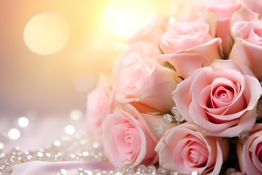 Pink roses bouquet and pearls on abstract blur pastel background. Wedding flowers and bright bokeh glitter backdrop