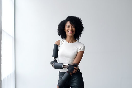 A disabled African American woman in a white T-shirt with a prosthesis instead of a hand poses on a white background. Woman smiling and looking at the camera