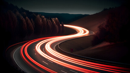 Night view. High-angle photography. Long exposure of a busy road with light of cars. 