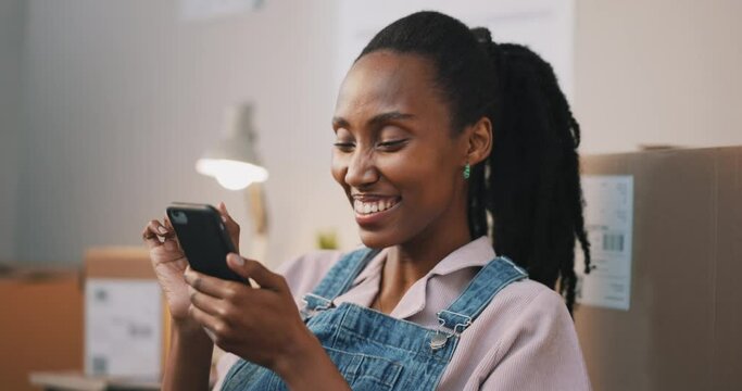 Phone, funny and black woman scroll in home, small business and social media meme. Smartphone, laughing and happy African person on internet, reading and comedy email for joke on mobile app online