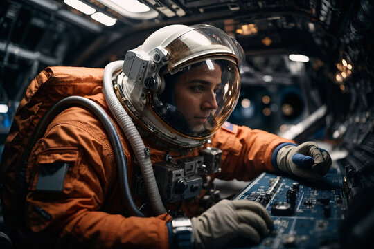 Astronaut on a spaceship, repairs the instrument panel - Powered by Adobe