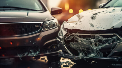 Close - up photo, view of two cars damaged after a head - on collision.