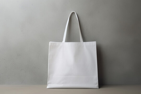 design mockup: black white shopping toat bag on a blank plaster wall