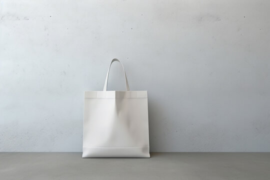 design mockup: black white shopping toat bag on a blank plaster wall