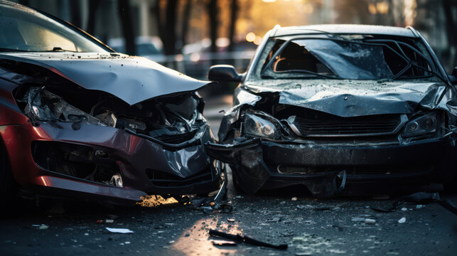 Close - up photo, view of two cars damaged after a head - on collision.