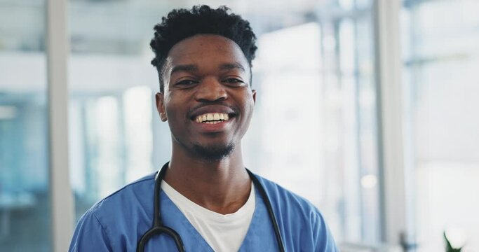 Doctor face, man and happy for healthcare service, hospital or clinic with smile and professional mindset. Young nurse, african student or medical worker in portrait for internship opportunity or ADN
