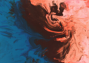 Colorful blue and orange wavy texture. Abstract acrylic painting. Fluid art.